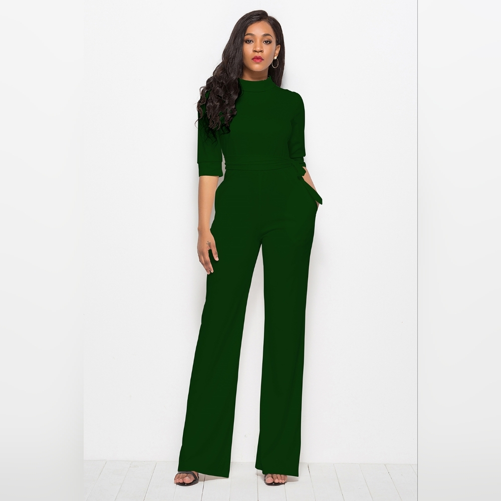 Sophisticated Mock Neck Jumpsuit with Flattering Tie-Waist
